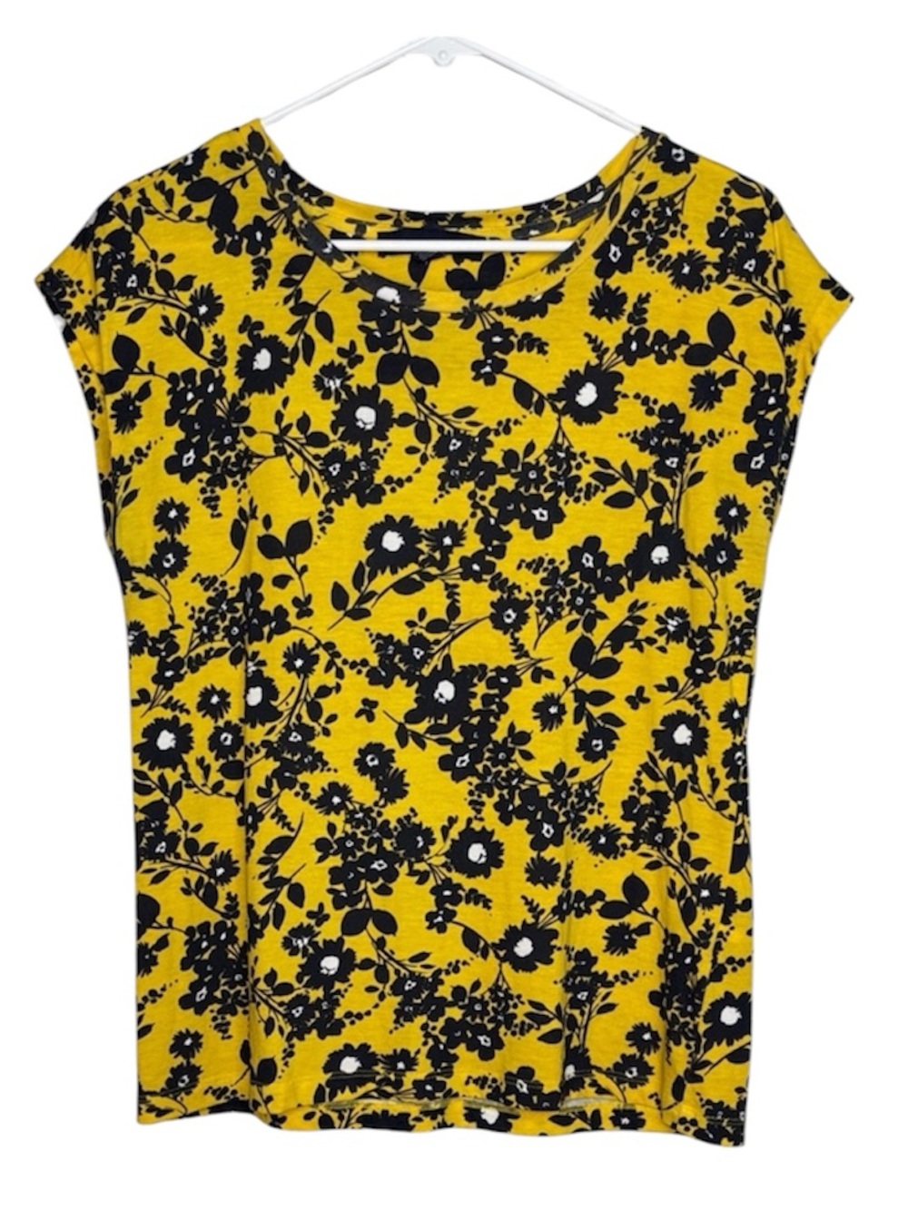 Tommy Hilfiger Yellow and Black Floral Cap Sleeve Top Cotton/Modal Small
